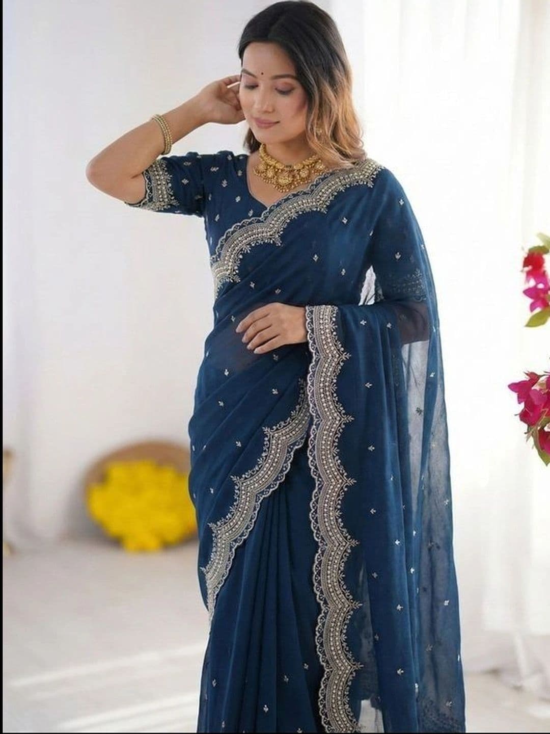 Face Deal Floral Embroidered Poly Georgette Designer Banarasi Saree - view 1