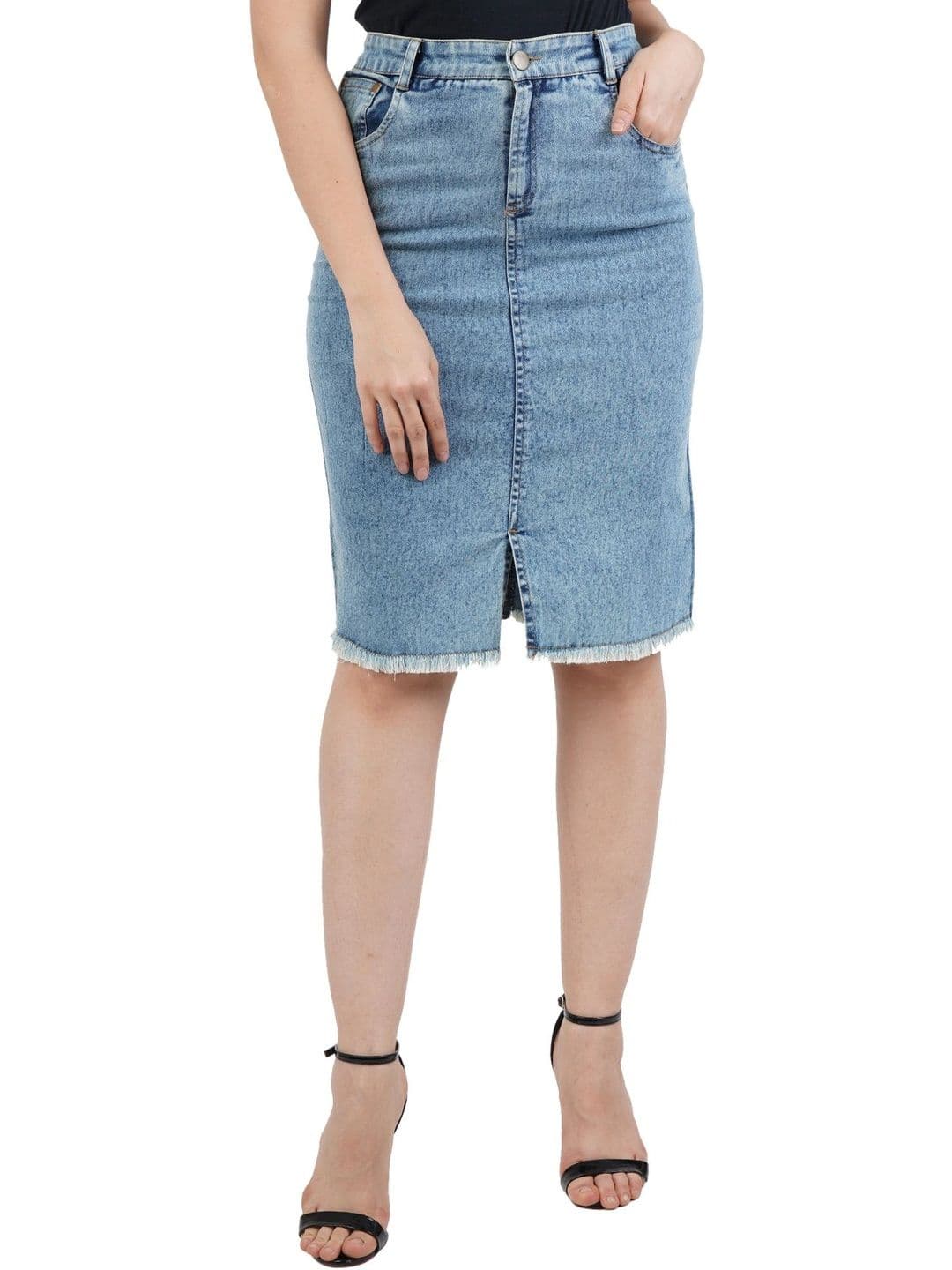 Peptrends Women Denim Washed Frayed Denim Front Slit Knee Length Straight Skirt - view 1