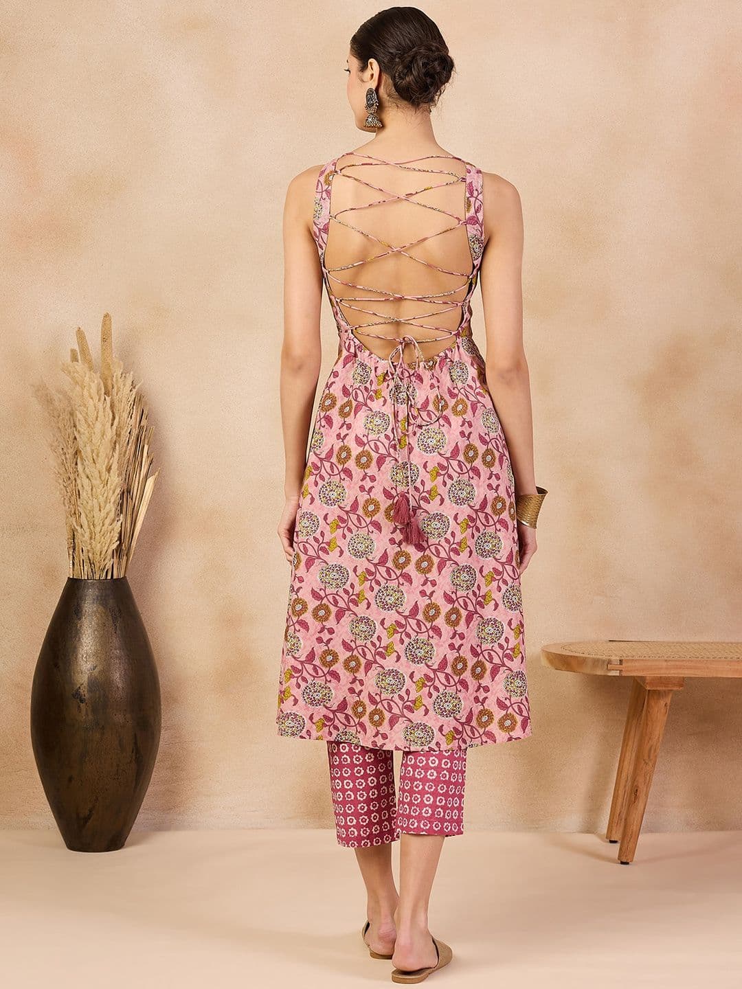 Anouk Pink Floral Printed V-Neck Regular Cotton A-Line Kurta With Trousers - view 1
