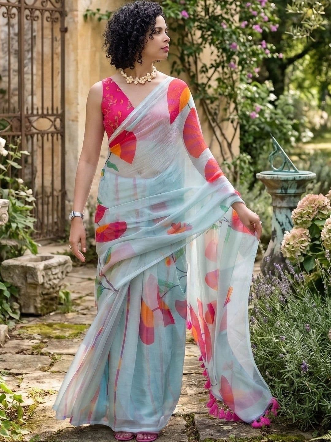 AAVEE Floral Zari Pure Linen Designer Saree - view 1