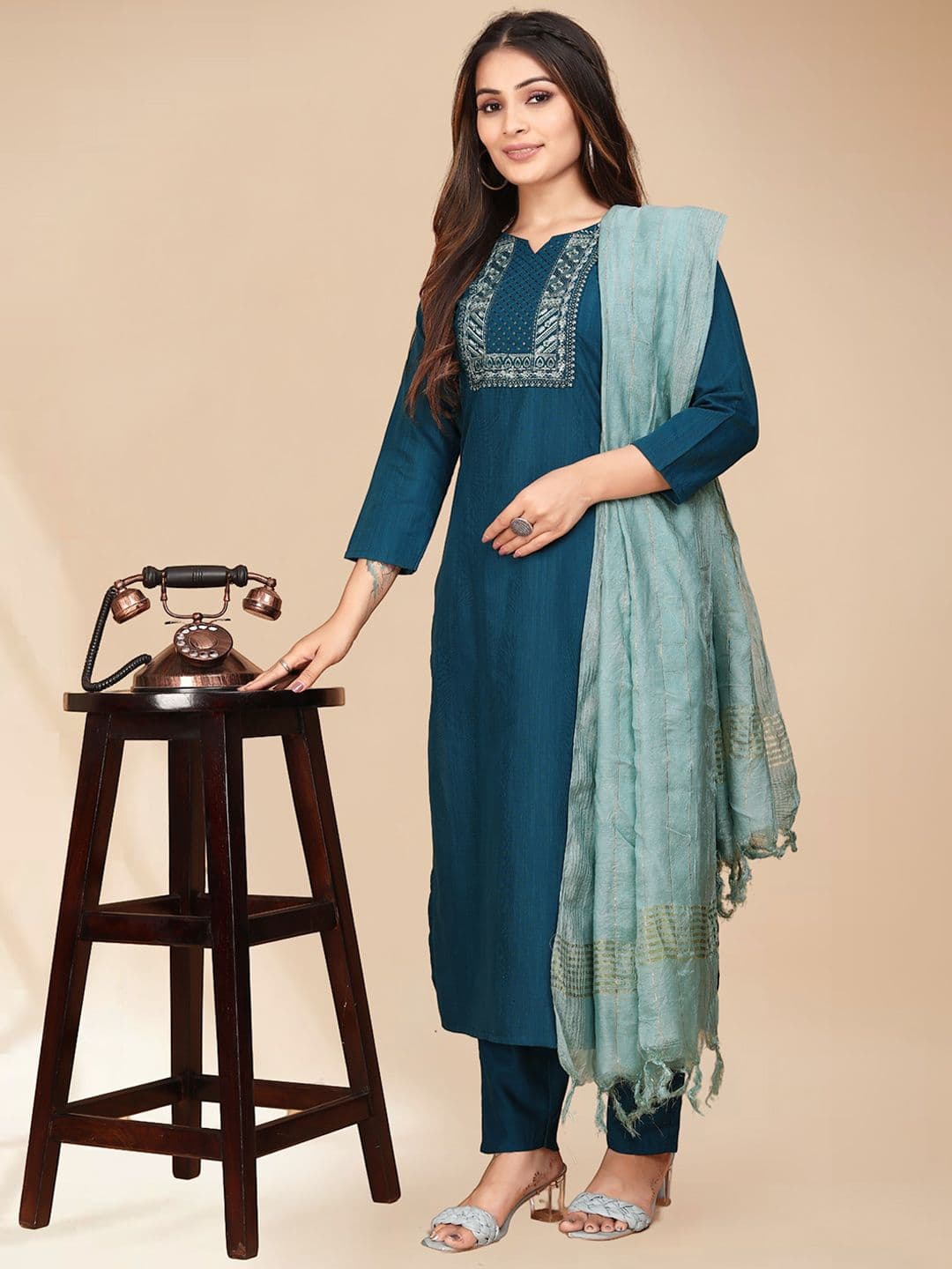 Anouk Teal Blue Ethnic Motifs Yoke Design Thread Work Kurta with Trousers & Dupatta - view 1