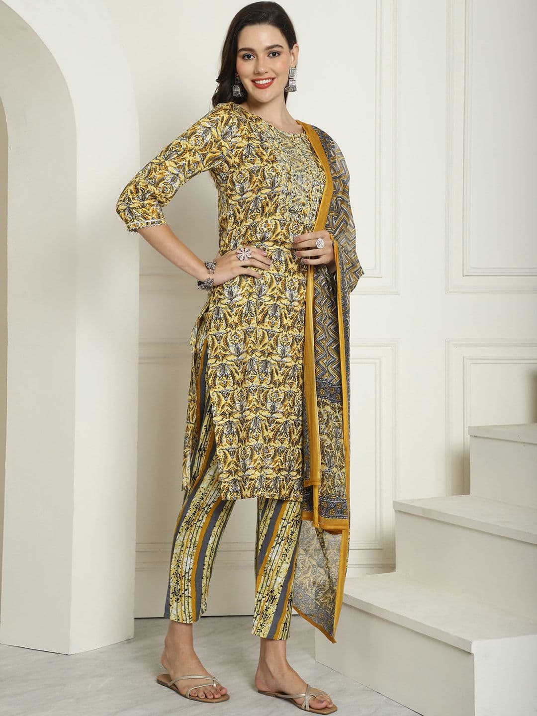 Anouk Mustard Yellow Floral Printed Gotta Patti Kurta With Trousers & Dupatta - view 1