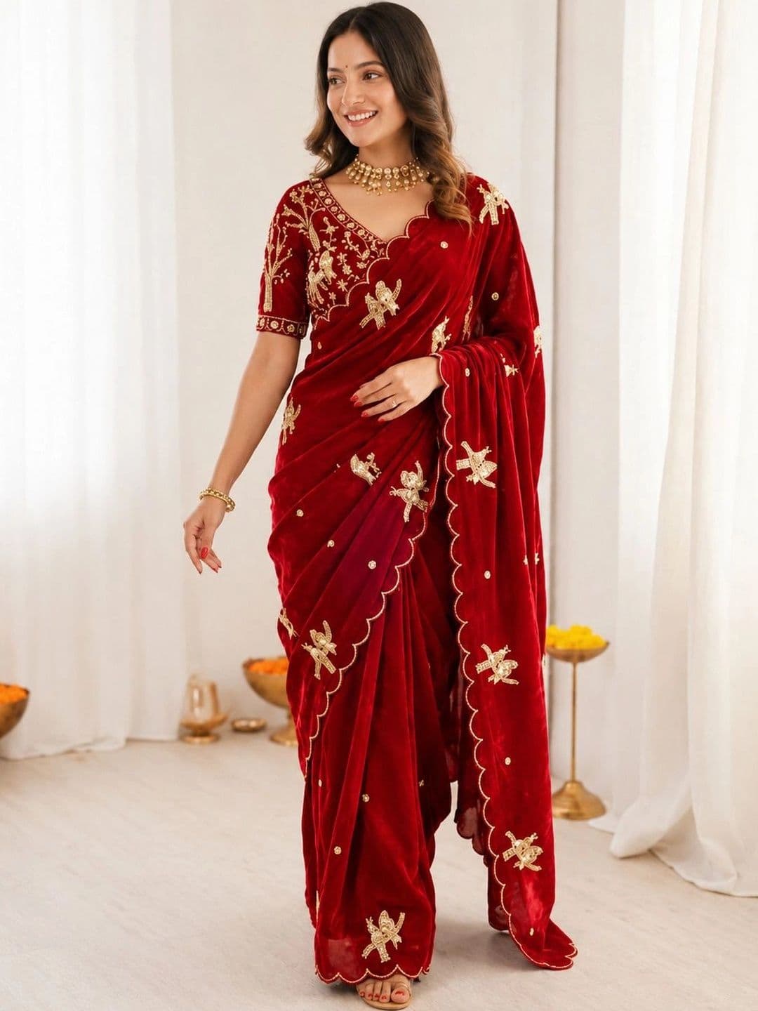 HK TEX Embroidered Satin Saree - view 1