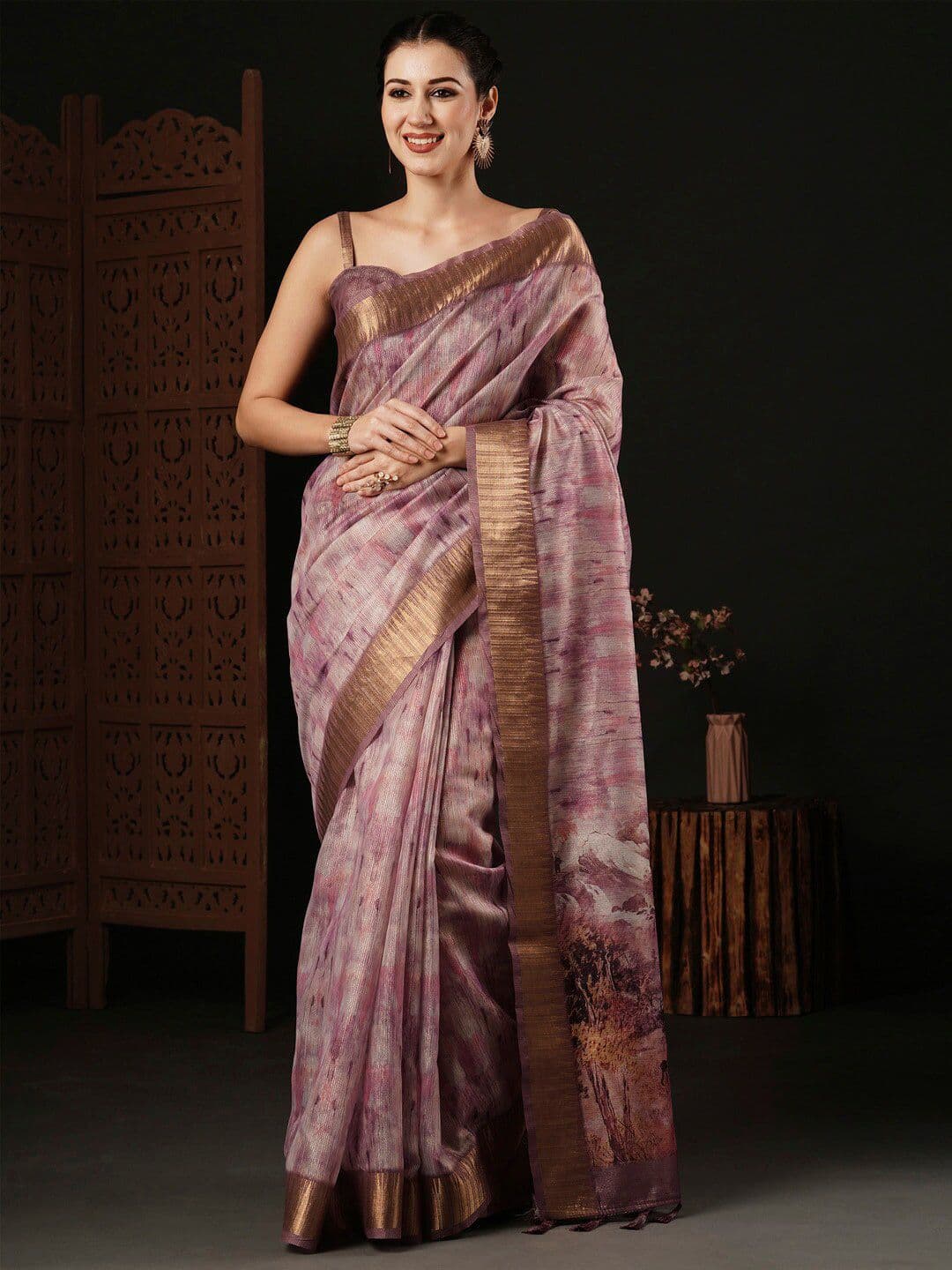 Anouk Abstract Printed Zari Organza Sungudi Saree - view 1
