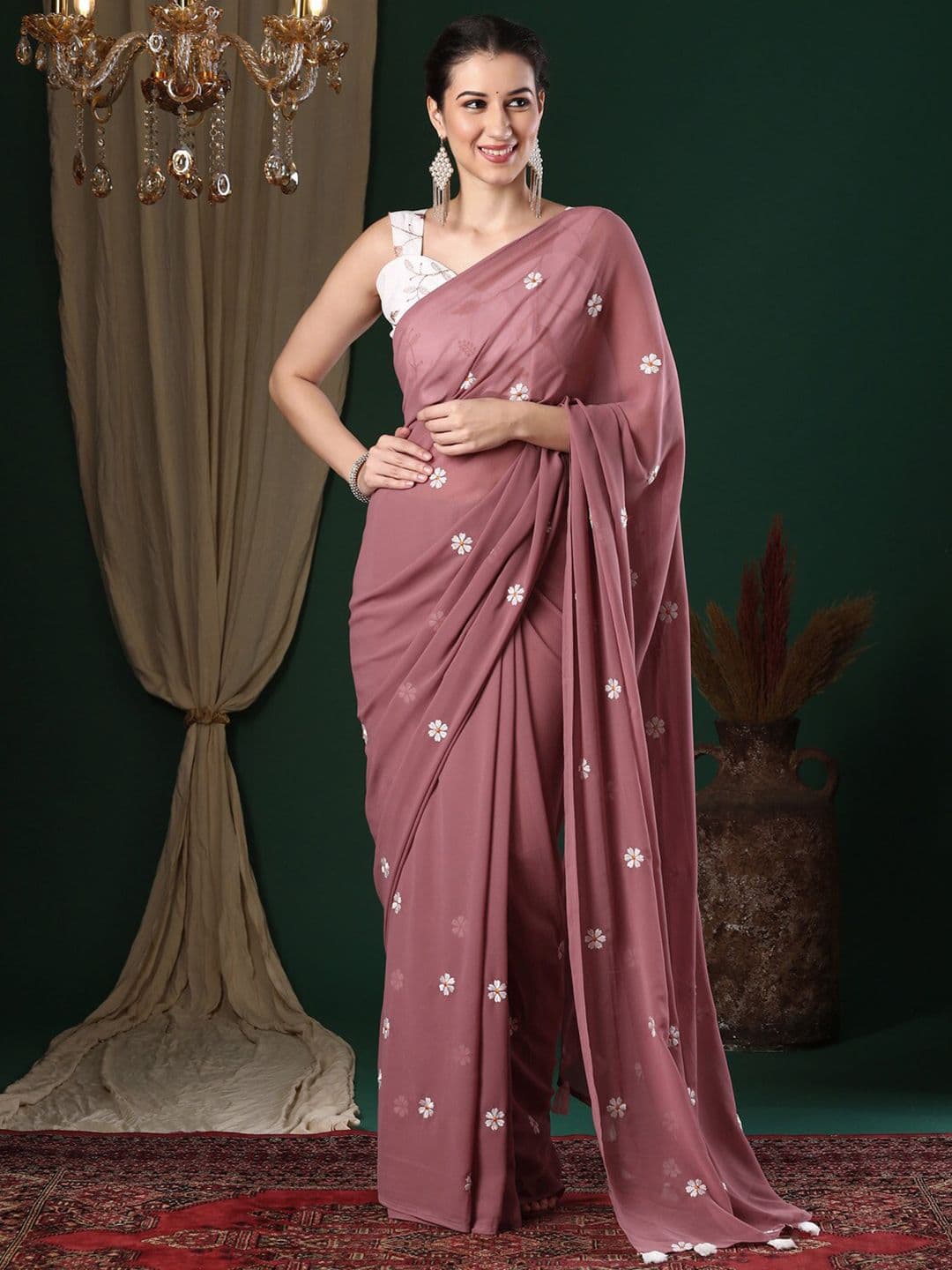 Anouk Rose Gold Paisley Embroidered Pure Georgette Saree - view 1