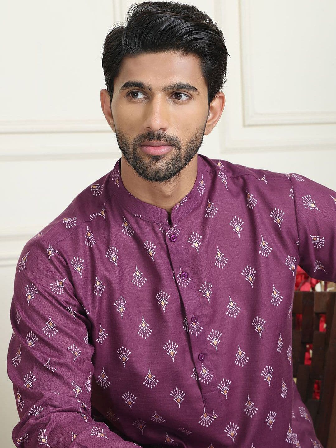 Anouk Purple Floral Printed Mandarin Collar Straiight Kurta - view 1