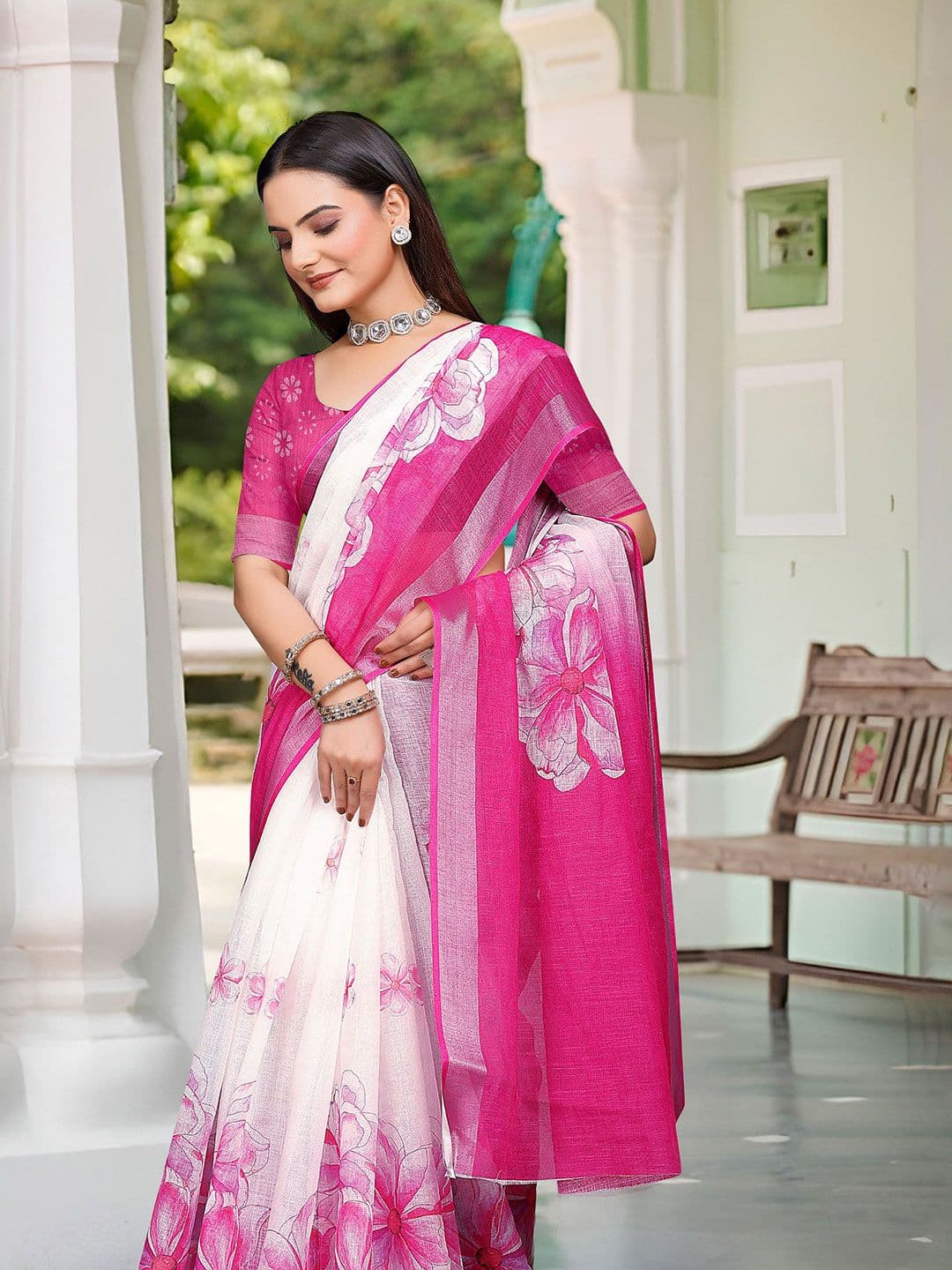 Anouk Floral Linen Blend Designer Saree - view 1