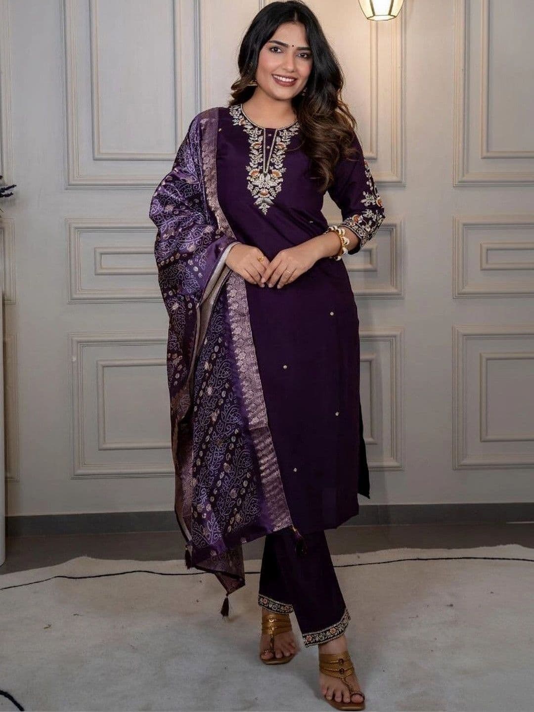 Cute fellow Women Ethnic Motifs Embroidered Regular Thread Work Kurta with Trousers & With Dupatta - view 1