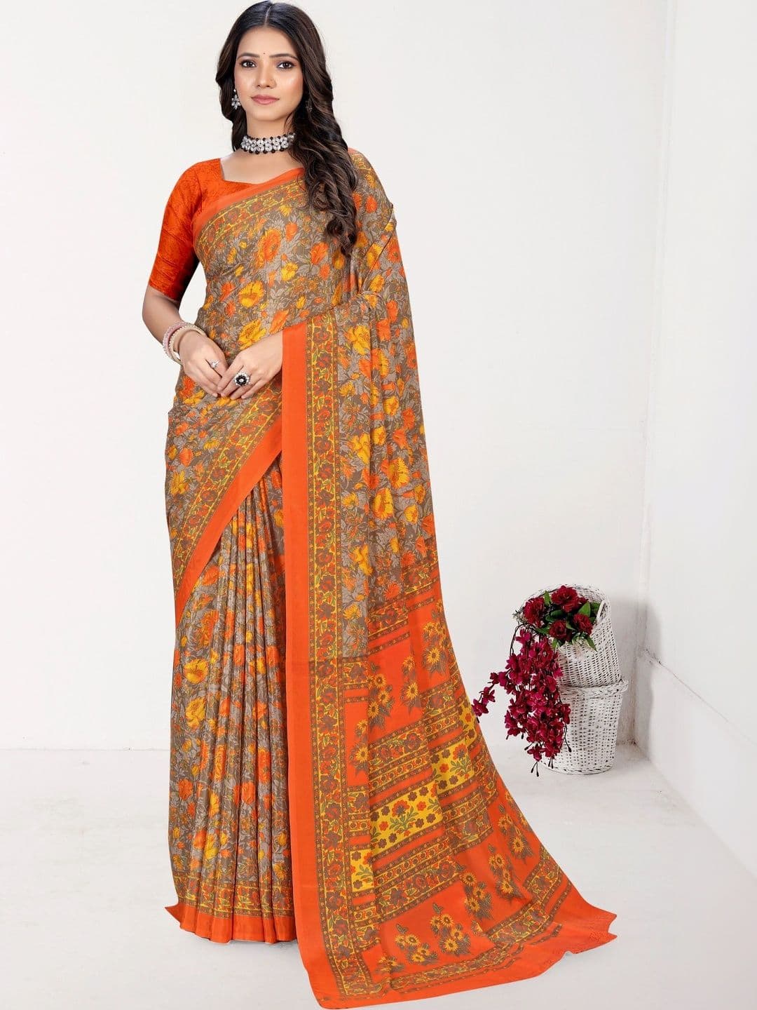 Novus Knitting Floral Satin Saree - view 1