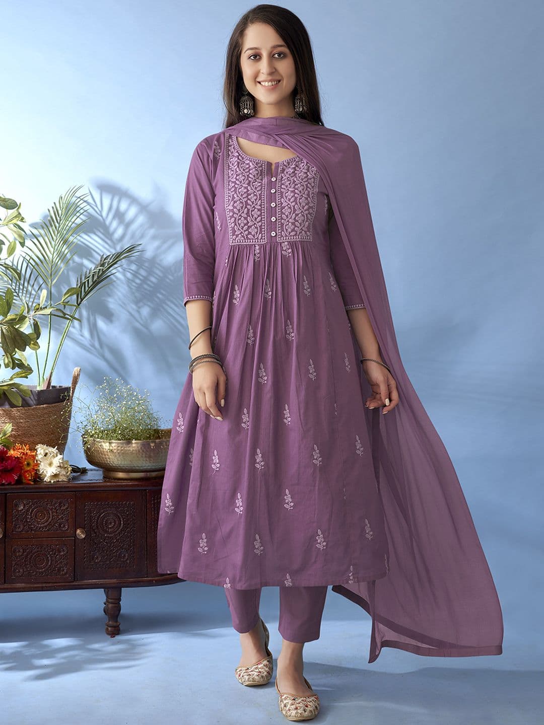 Anouk Floral Embroidered Thread Work Cotton Anarkali Kurta With Trousers & Dupatta - view 1