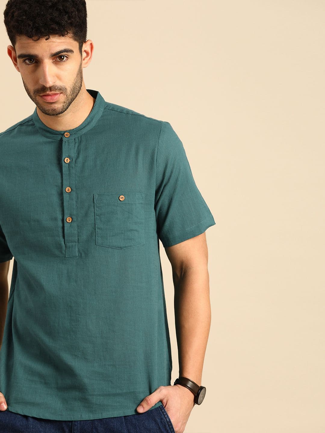 Anouk Men Green Pure Cotton Daily Wear Waist Length Kurta - view 1