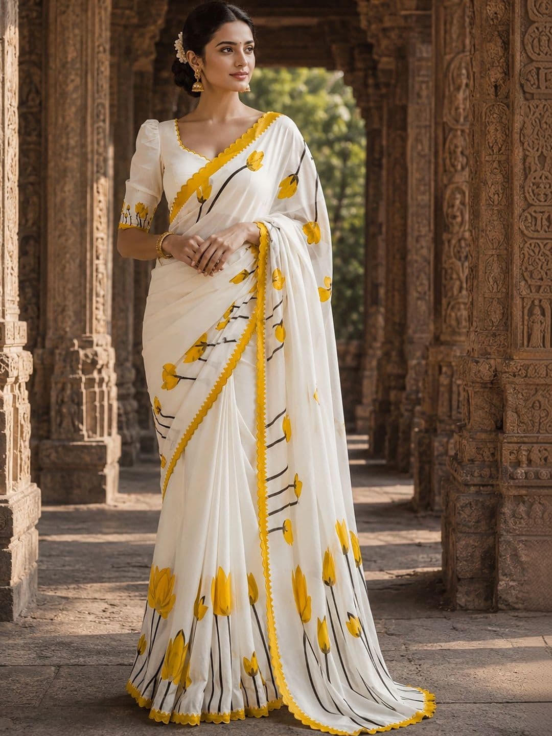 Anjaneya Sarees Linen Blend Designer Block Print Saree - view 1