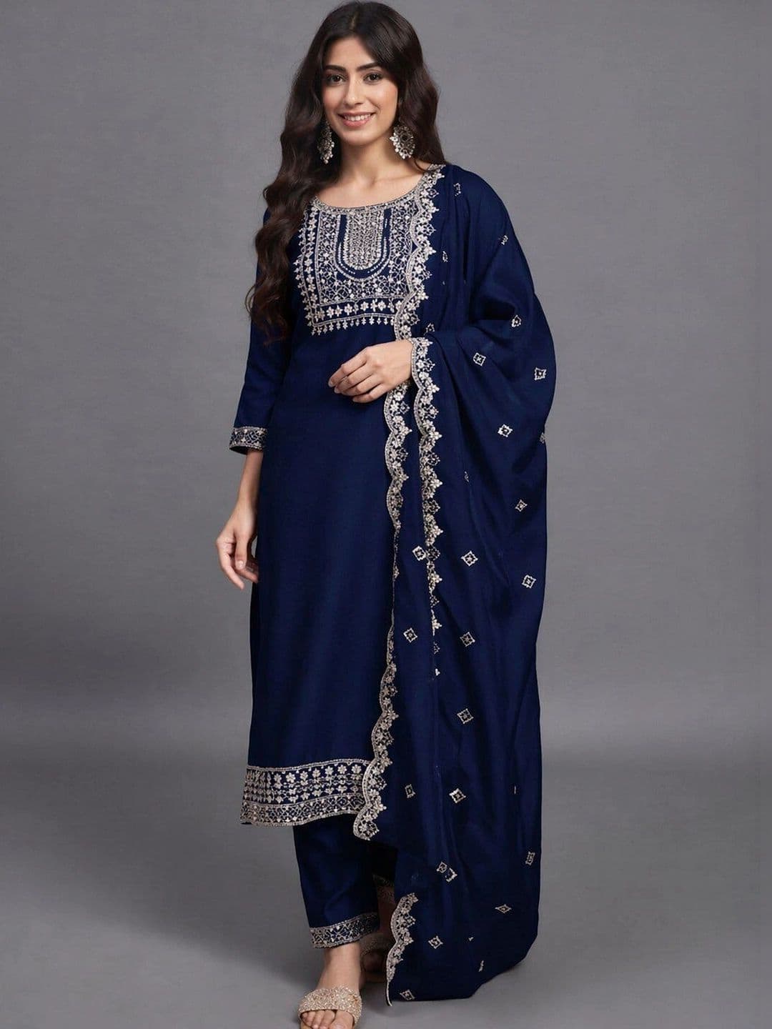 KALINI Women Ethnic Motifs Embroidered Regular Thread Work Kurta with Trousers & With Dupatta - view 1