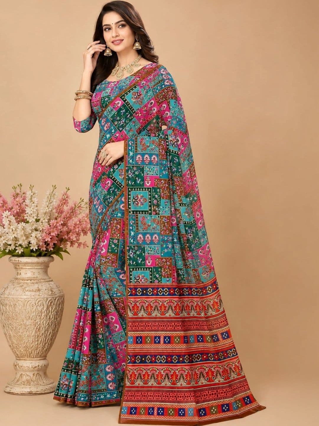 SARASWATI SILK MILLS Bandhani Poly Georgette Patola Saree - view 1