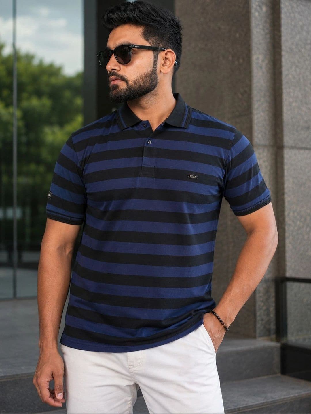 OZONECO Men Striped Polo Collar T-shirt - view 1