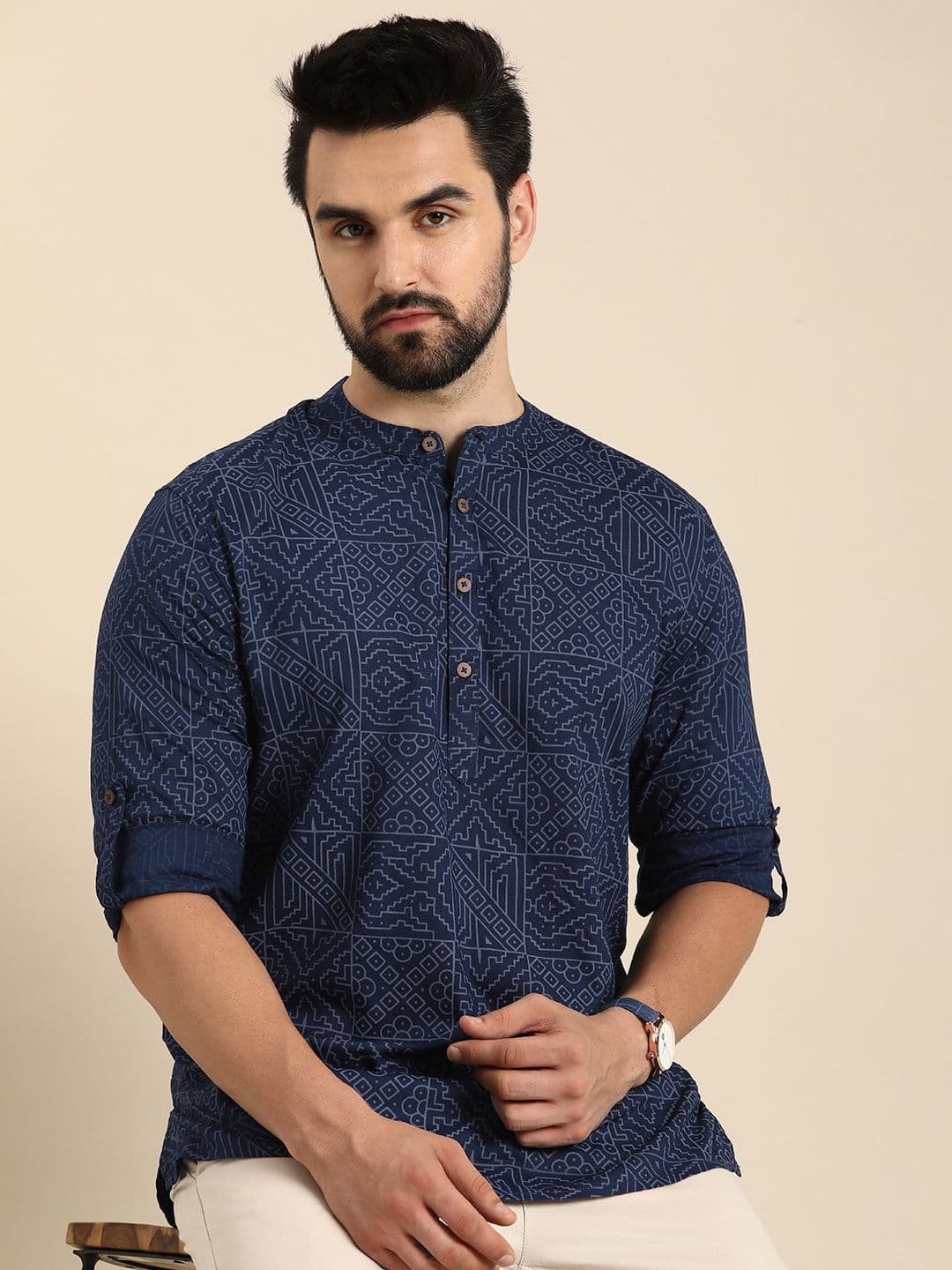 Anouk Men Geometric Printed Cotton Indigo Short Kurta - view 1