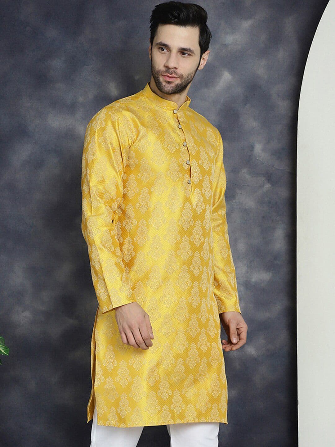 Anouk Yellow Ethnic Motifs Woven Design Jacquard Straight Kurta - view 1
