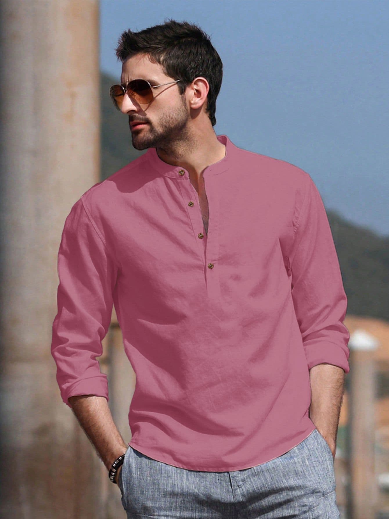 Anouk Cotton Roll-Up Sleeves Band Collar Straight Short Kurta - view 1
