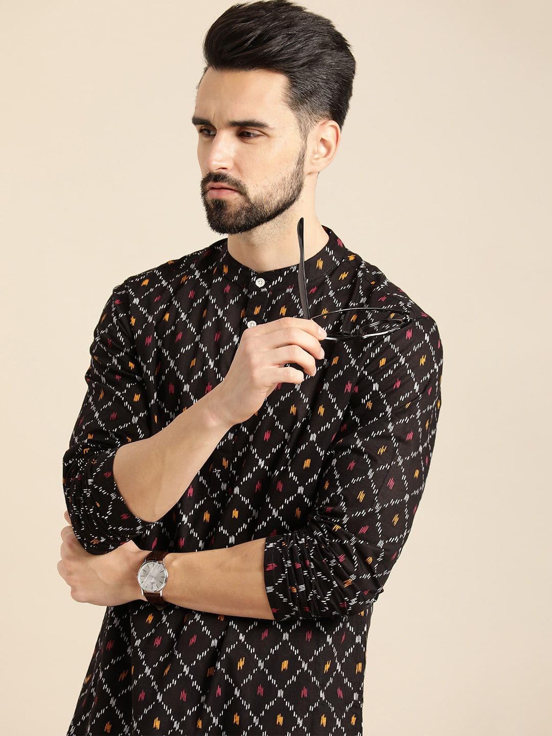 Anouk Men Black & Mustard Yellow Geometric Printed Kurta - view 1