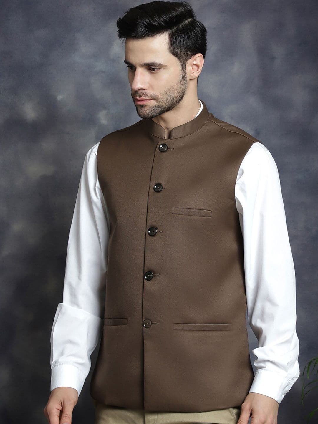 Anouk Brown Mandarin Collar Woven Nehru Jacket - view 1