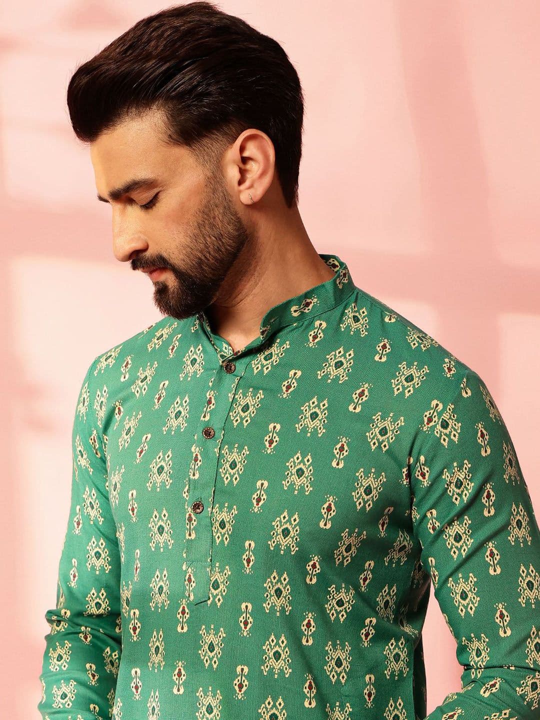 Anouk Ethnic Motifs Printed Band Collar Ikat Technique Straight Cotton Linen Kurta - view 1