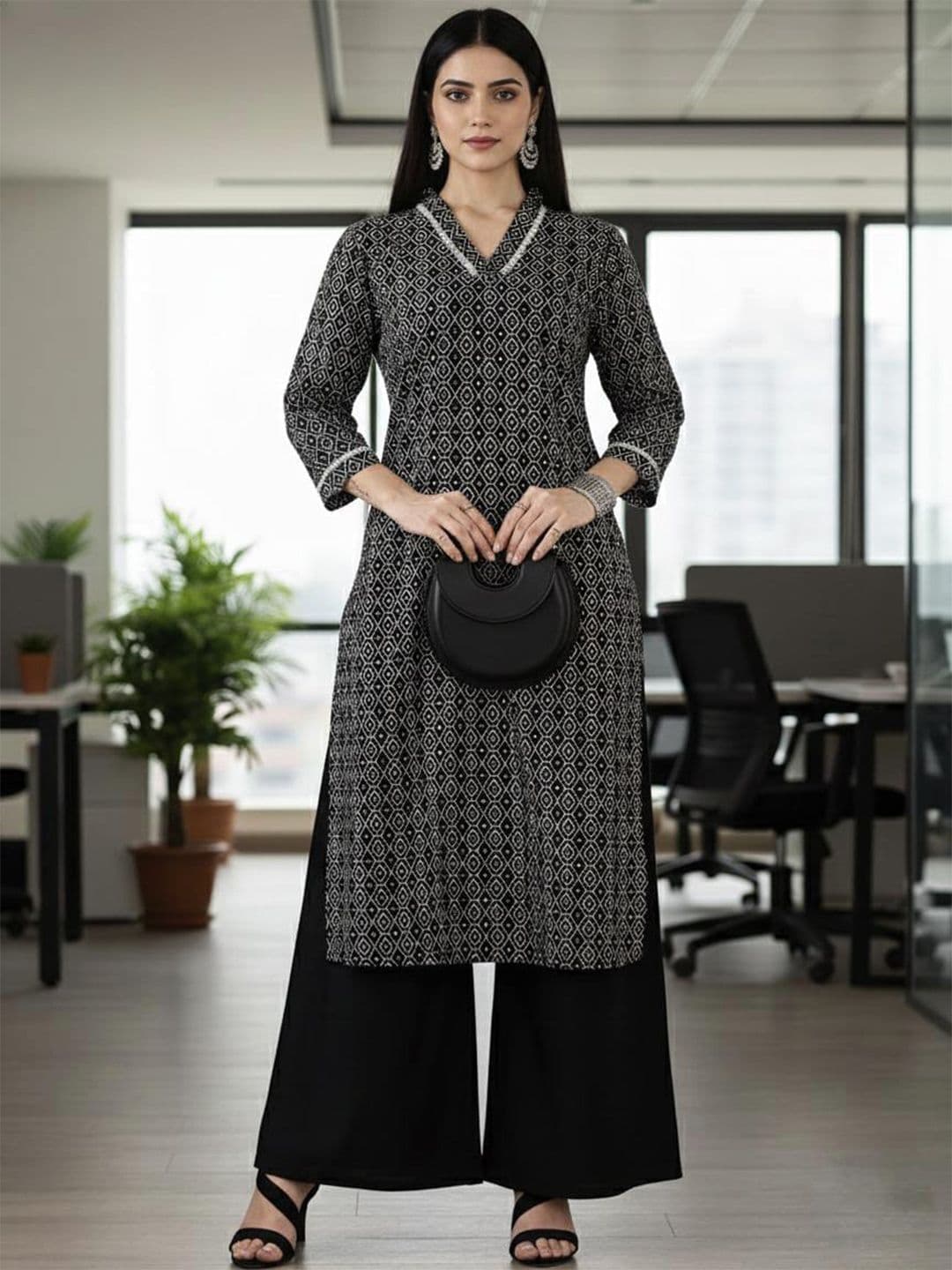 Anouk Black Geometric Printed Thread Work V-Neck Straight Kurta - view 1