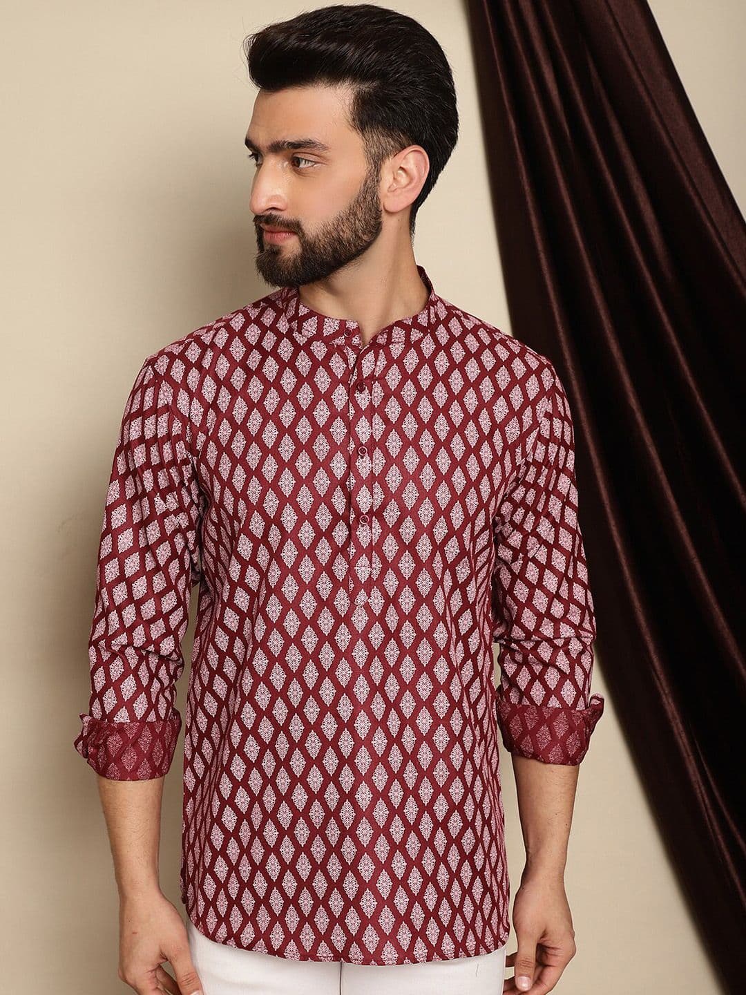 Anouk Maroon Ethnic Motifs Printed Band Collar Short Kurta - view 1