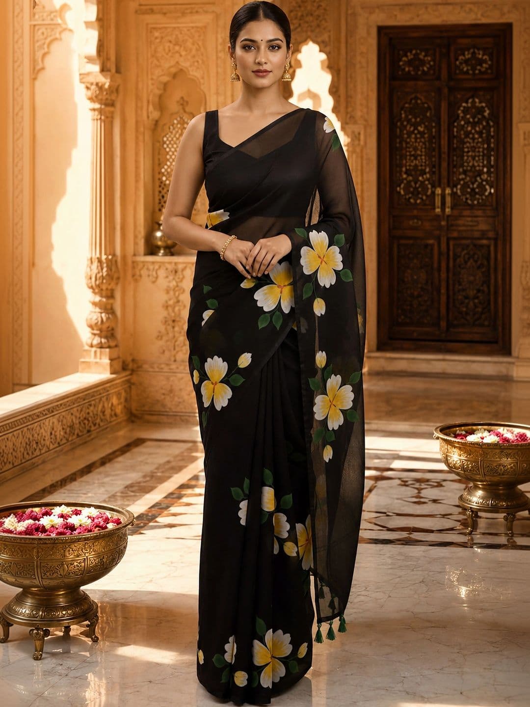 Anjaneya Sarees Floral Linen Blend Designer Block Print Saree - view 1