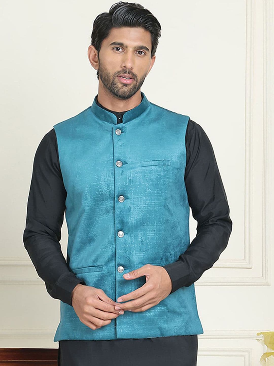 Anouk Velvet Woven Mandarin Collar Neck Nehru Jacket - view 1
