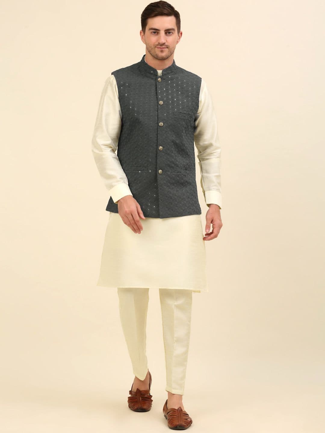 Anouk Grey Embroidered Sequinned Nehru Jacket - view 1