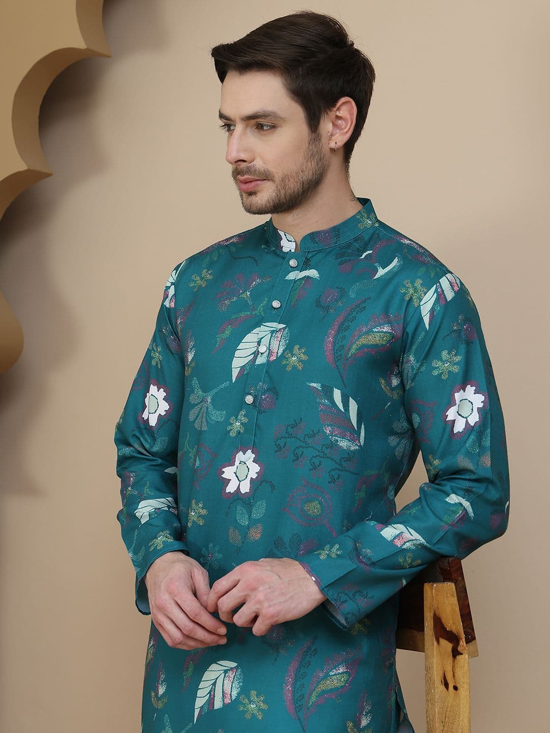 Anouk Men Floral Printed Thread Work Floral Cotton Kurta - view 1