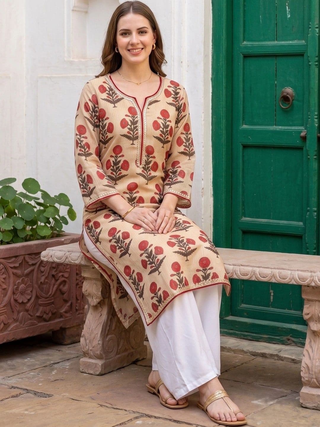 House of Pataudi Women Floral Printed Sequinned Block Print Kurta - view 1