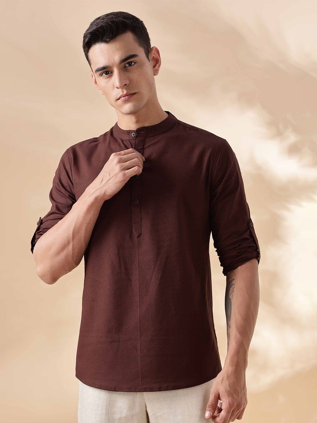 Anouk Men Mandarin Collar Roll-Up Sleeves Cotton Straight Short Kurta - view 1