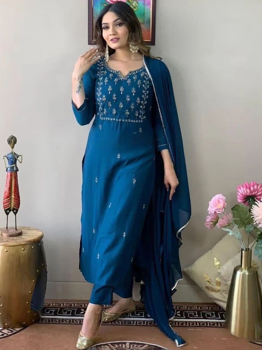 Anouk X fwd Women Ethnic Motifs Embroidered Regular Thread Work Kurta with Trousers & With Dupatta - view 1