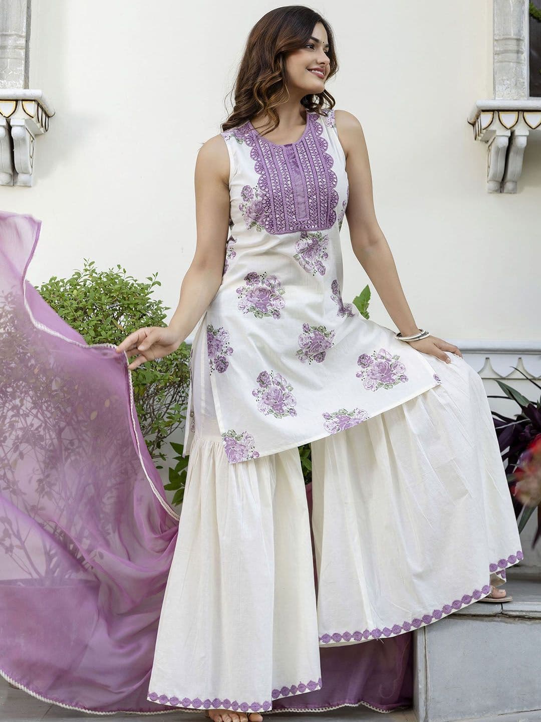 Anouk Women Floral Printed Regular Aari Work Pure Cotton Kurta with Sharara & With Dupatta - view 1
