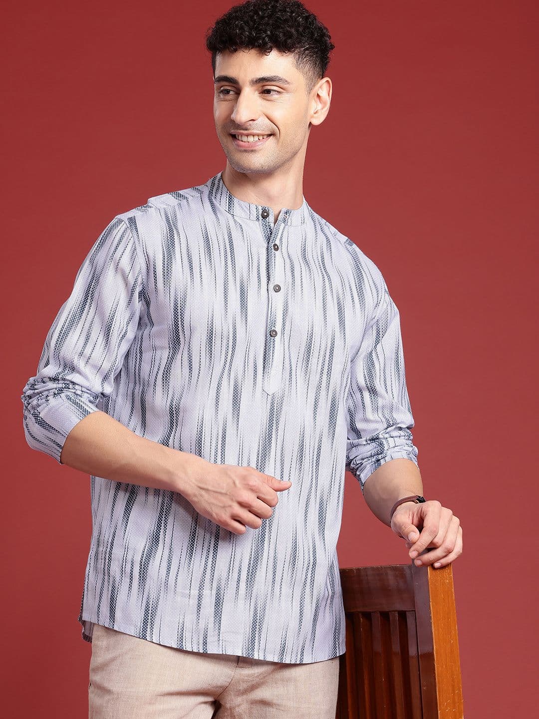 Anouk Men Ikat Printed Mandarin Collar Cotton Short Kurta - view 1