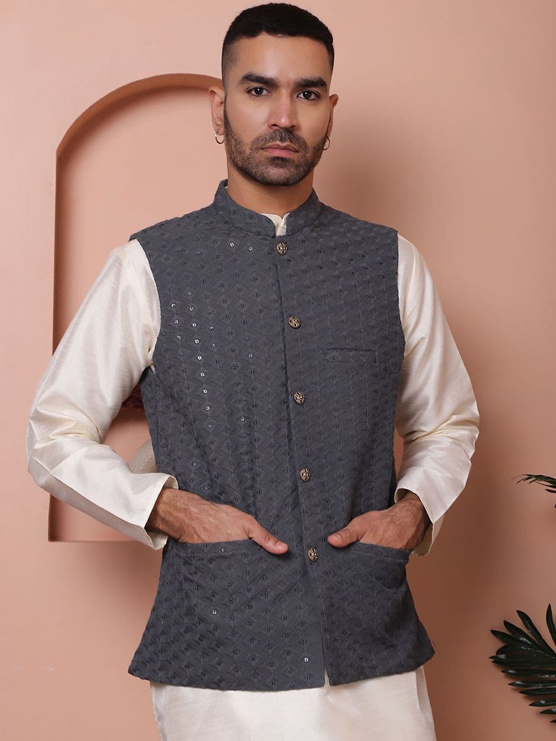 Anouk Embroidered Mandarin Collar Sequinned Nehru Jacket - view 1