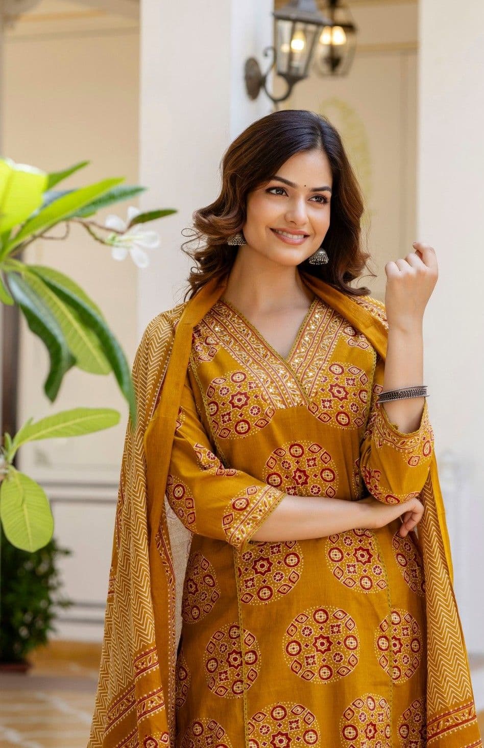 Anouk Floral Printed V-Neck Mirror Work Pure Cotton Kurta with Palazzos & Dupatta - view 1