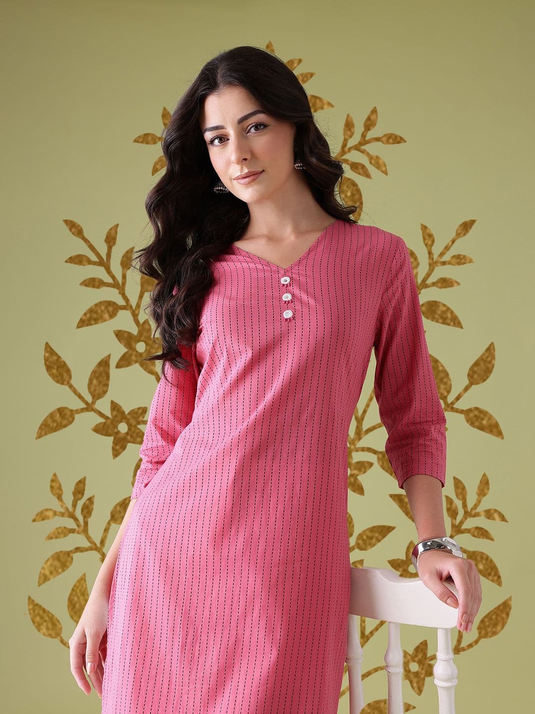 Anouk Mirror Work Detail Striped V-Neck Pure Cotton Straight Kurta - view 1
