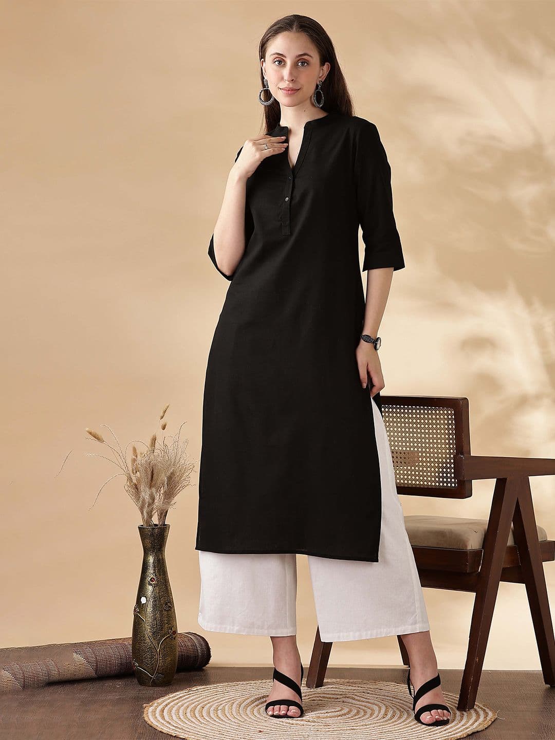 Anouk Women Mandarin Collar Regular Straight Cotton Kurta - view 1