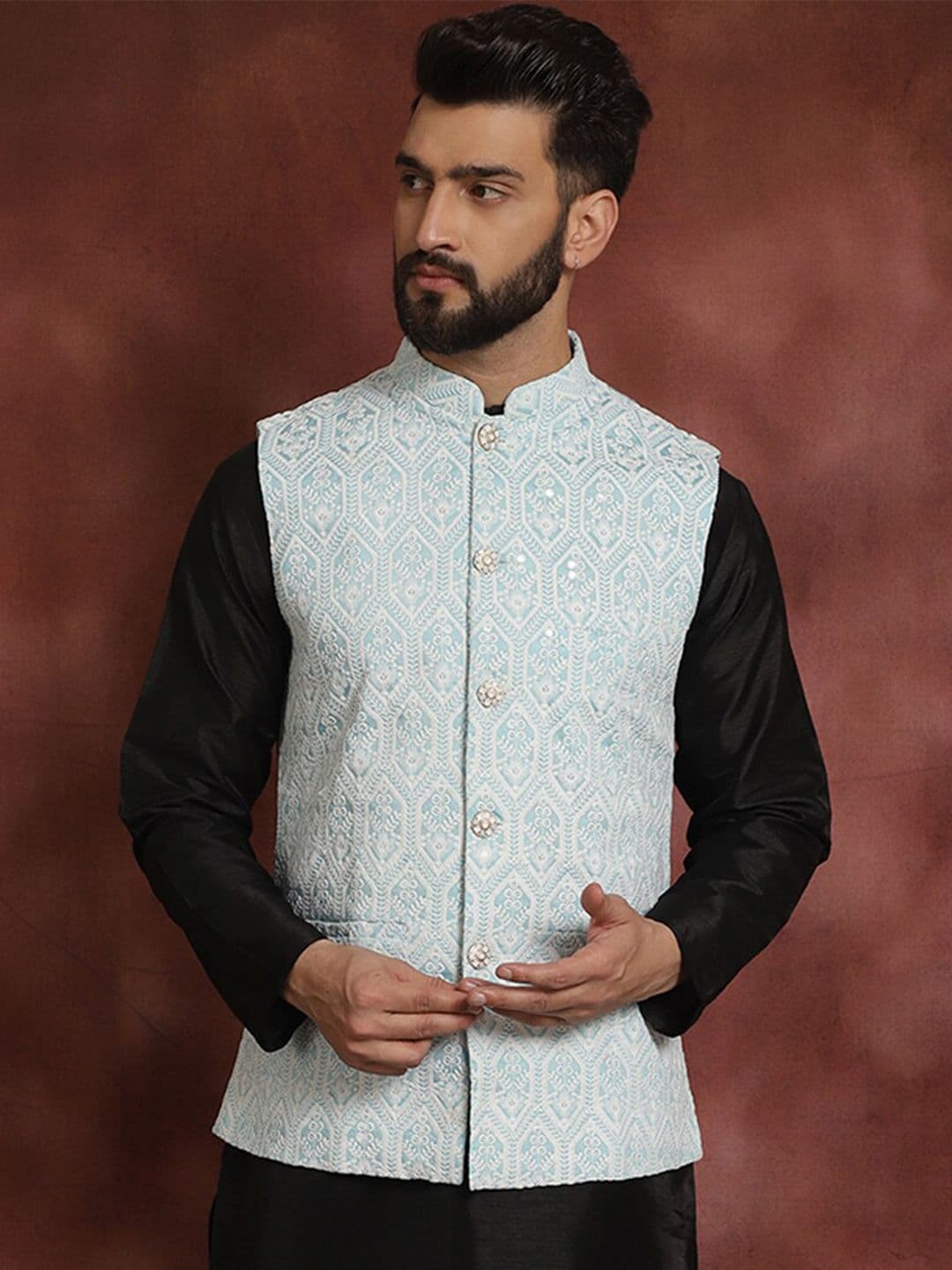 Anouk Blue Embroidered Mandarin Collar Nehru Jacket - view 1