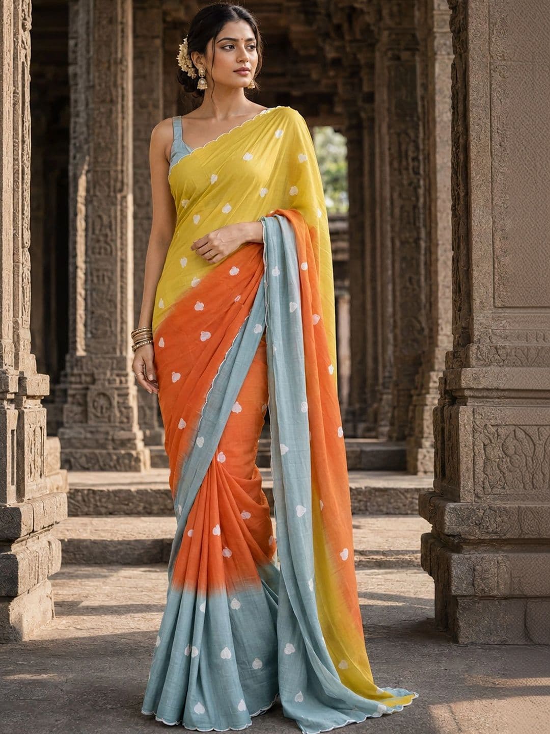 Anjaneya Sarees Tie and Dye Linen Blend Designer Block Print Saree - view 1