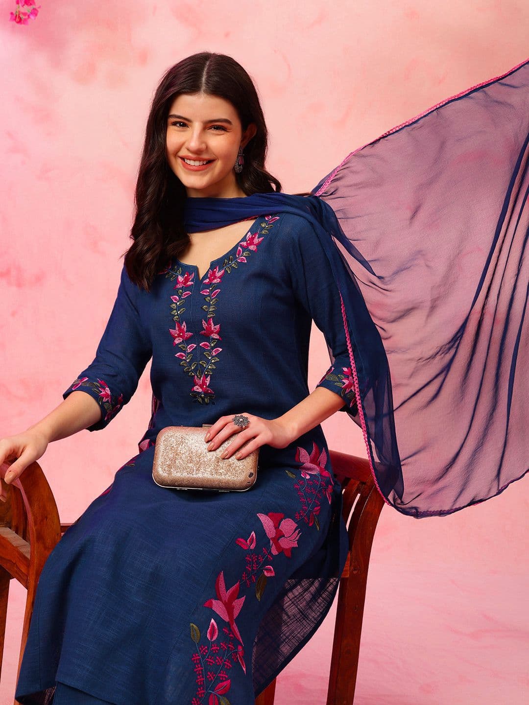 Anouk Women Floral Embroidered Regular Aari Work Pure Cotton Kurta with Pyjamas & With Dupatta - view 1