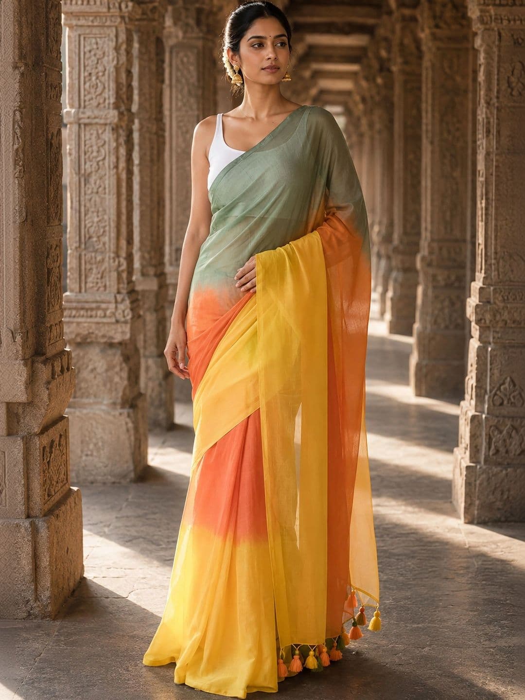 Anjaneya Sarees Ombre Linen Blend Designer Block Print Saree - view 1