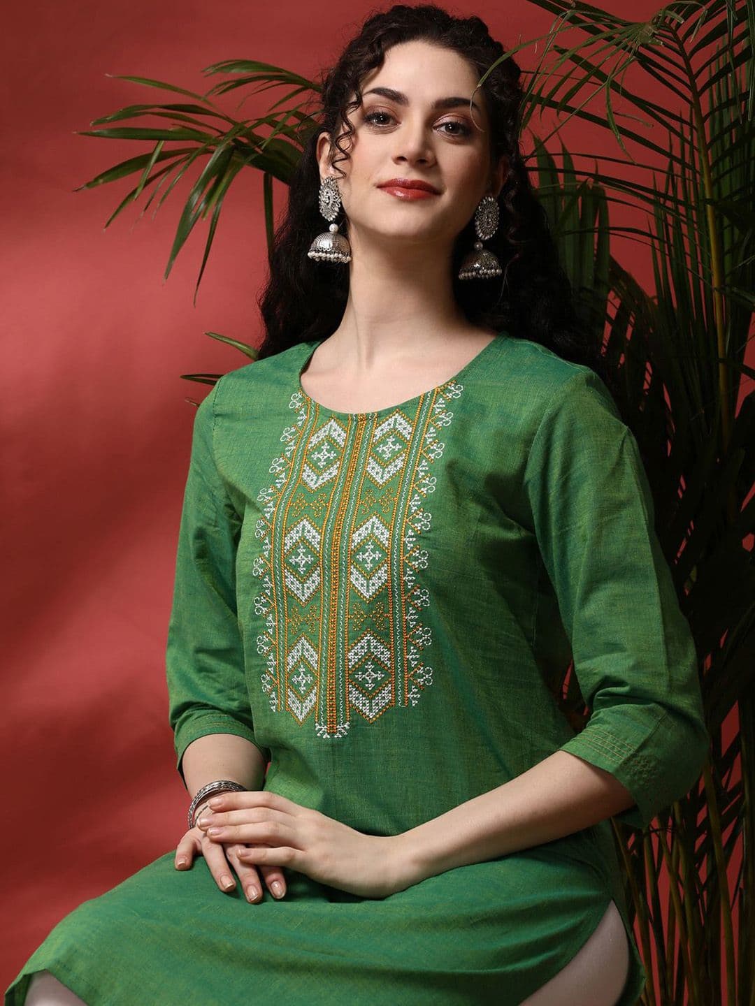 Anouk Geometric Yoke Design Pure Cotton Straight Kurta - view 1