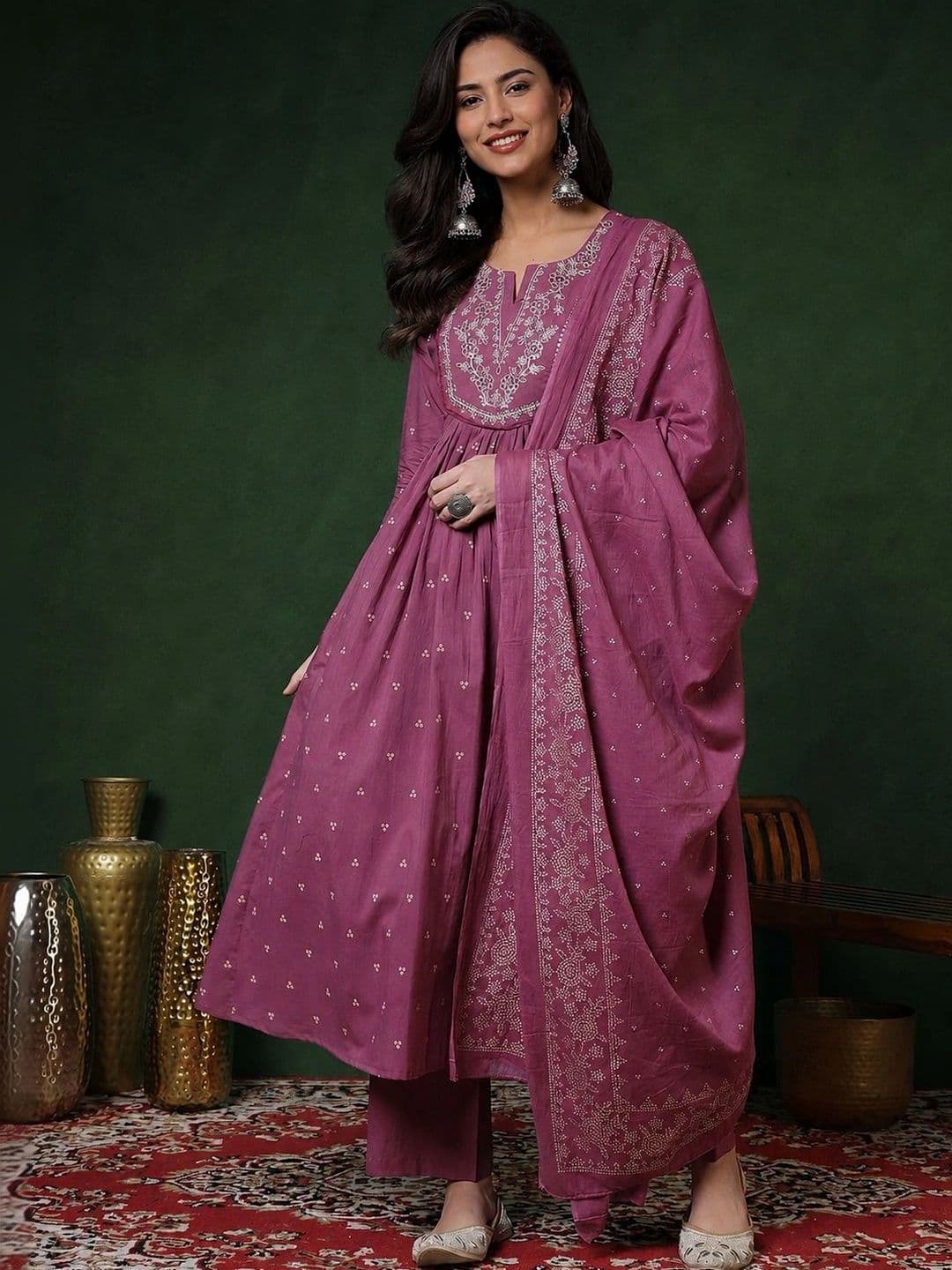 HISHAM Women Ethnic Motifs Embroidered Empire Thread Work Pure Cotton Kurta with Trousers & With Dupatta - view 1