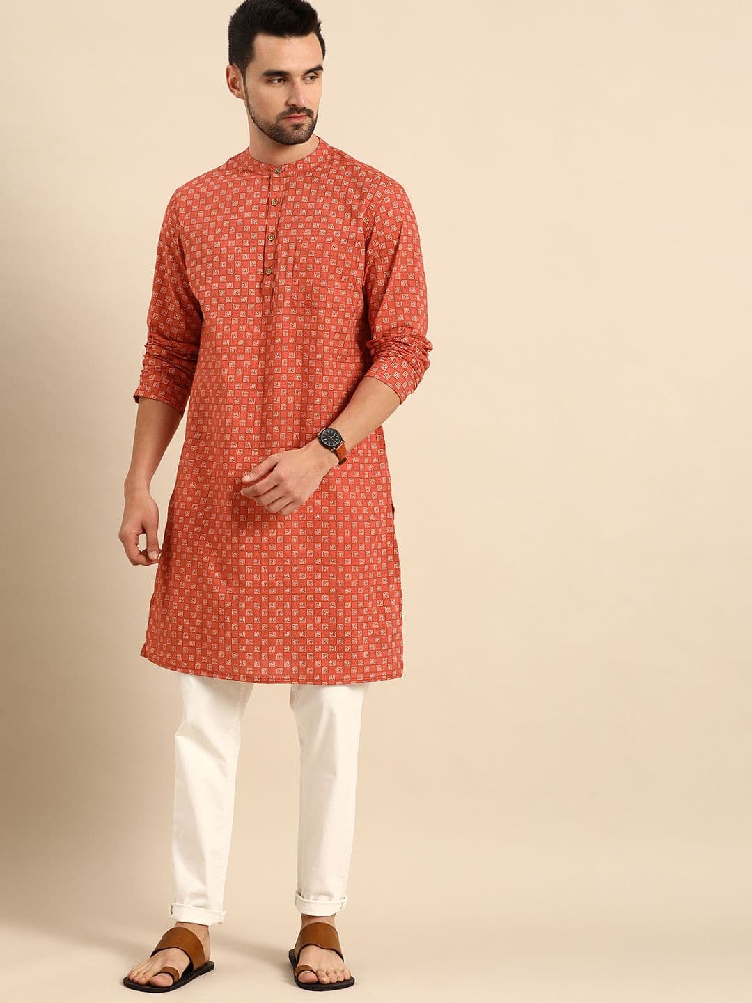 Anouk Men Rust Orange & Off White Geometric Printed Cotton Kurta - view 1
