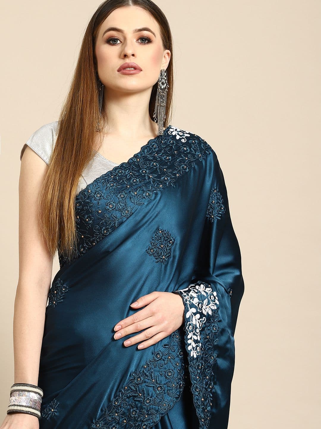 Anouk Blue Floral Embroidered Satin Saree - view 1