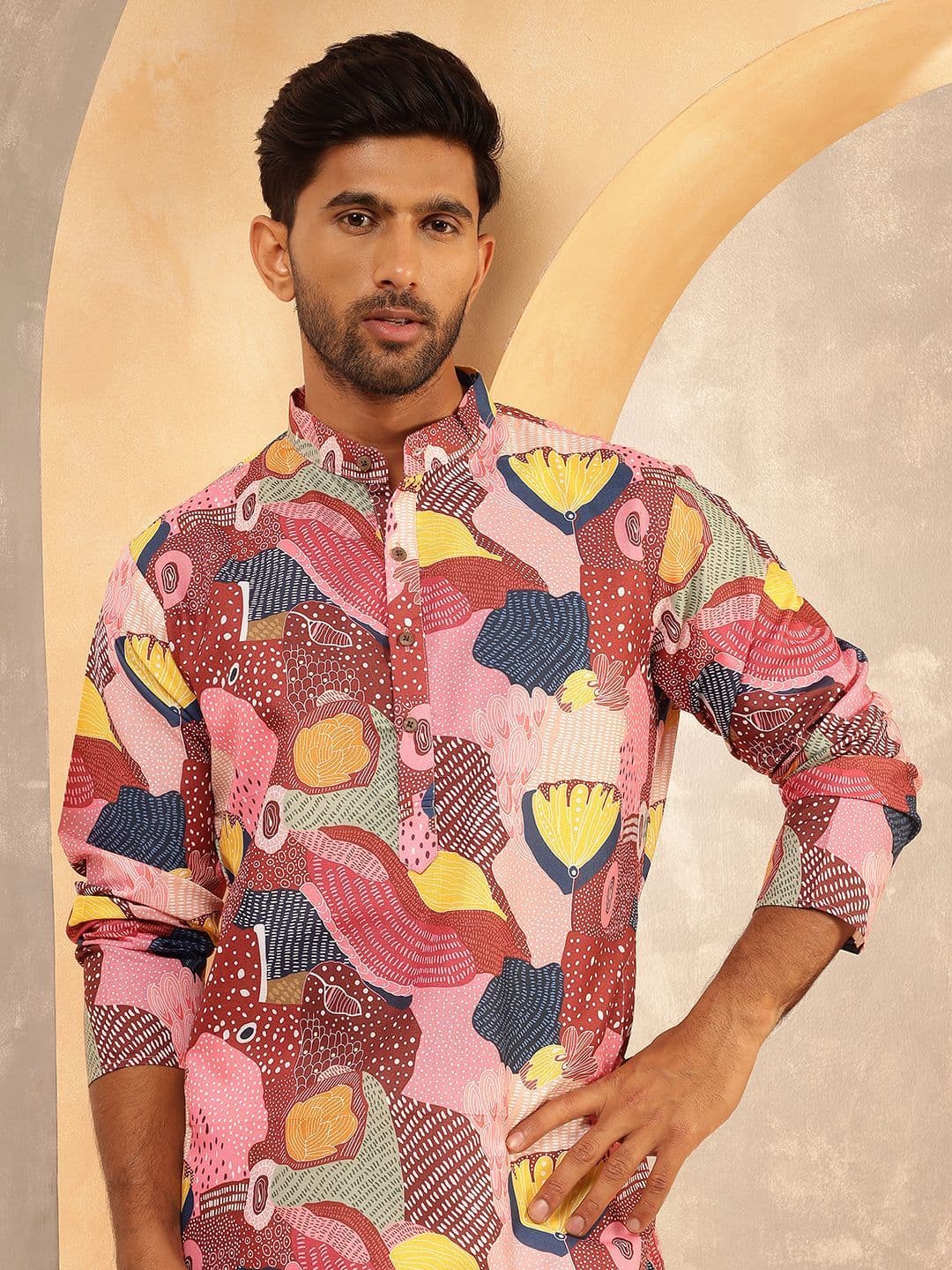 Anouk Abstract Printed Band Collar Straight Cotton Linen Kurta - view 1