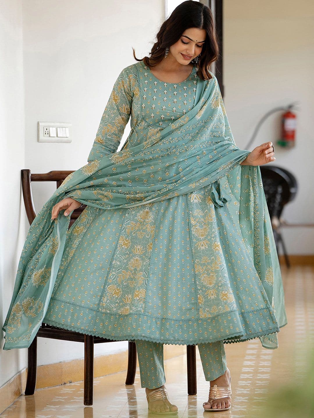 Anouk Green Floral Printed Panelled Pure Cotton Anarkali Kurta With Trousers & Dupatta - view 1